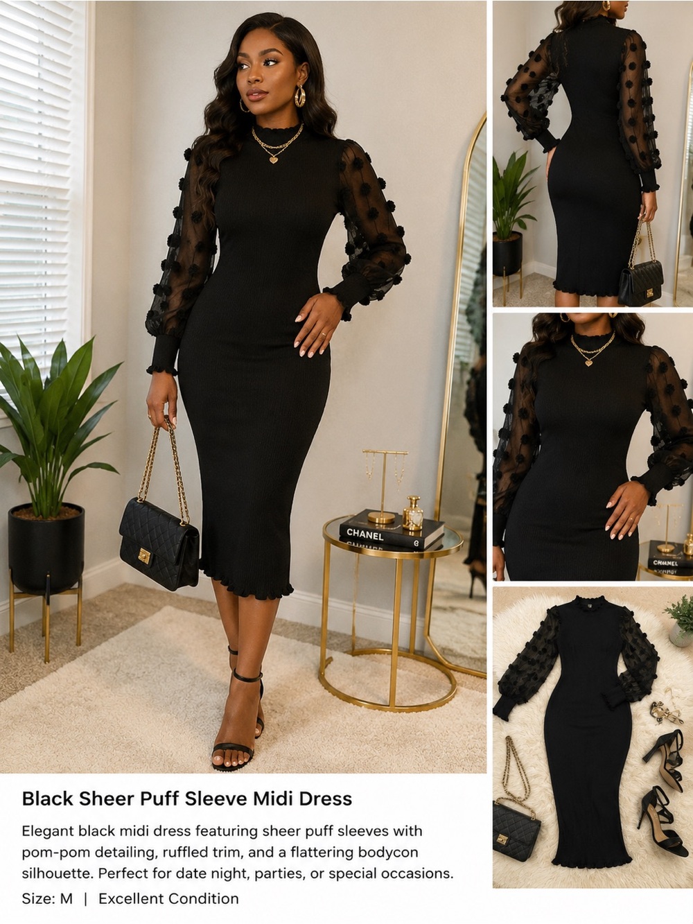 Almost Famous Black Sheer Puff-Sleeve Midi Dress